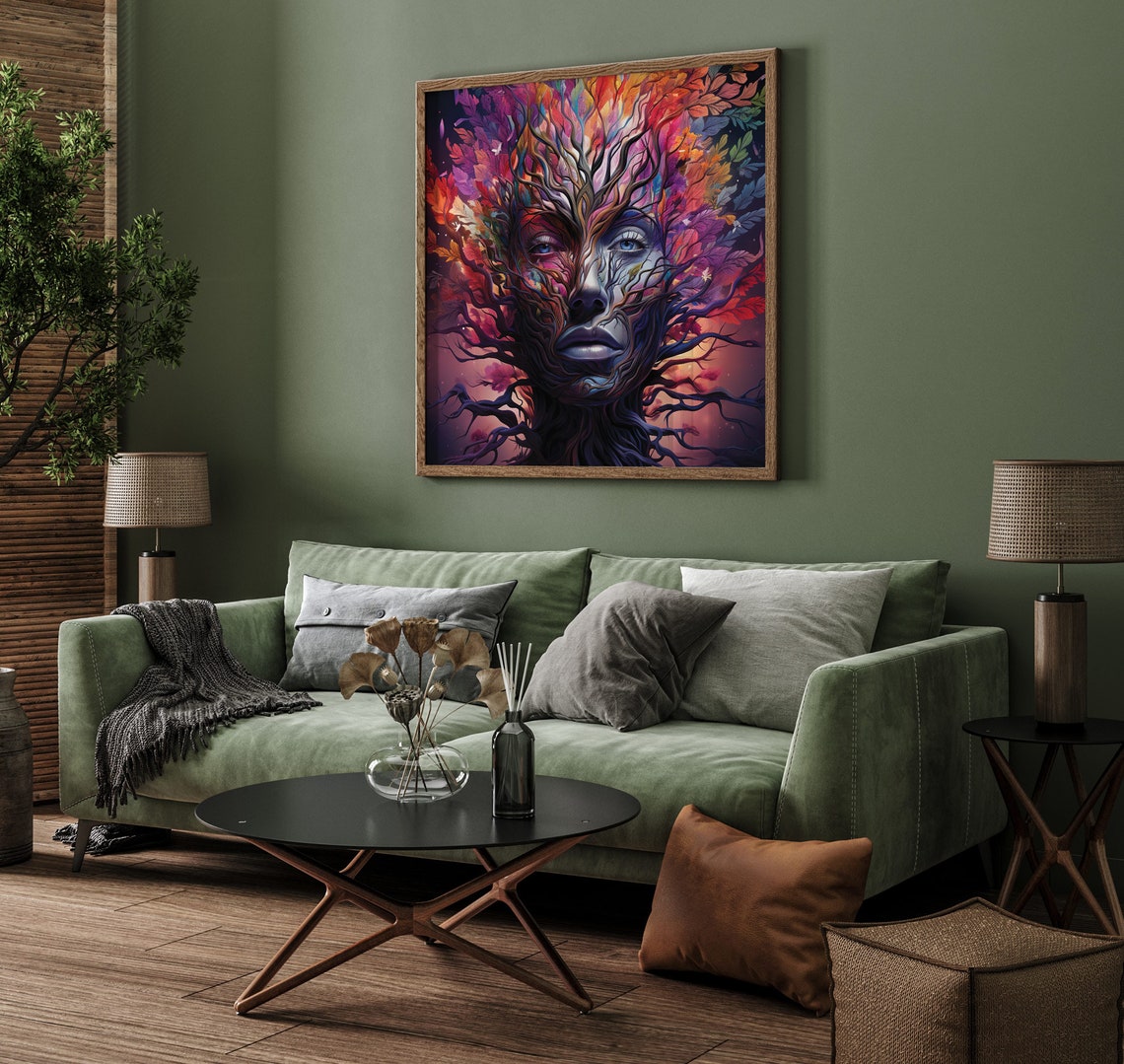 Tree Of Life Woman Face Autumn Leaves Psychedelic Goddess Poster - Image 4