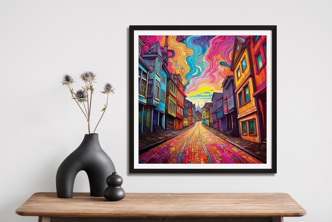 Colorful Psychedelic City Street Swirling Sky Urban Art Poster - Image 4