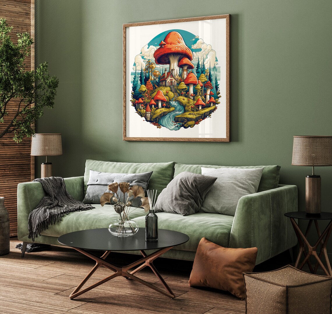 Mushroom Village Whimsical Red Caps Fantasy Forest House Poster - Image 2