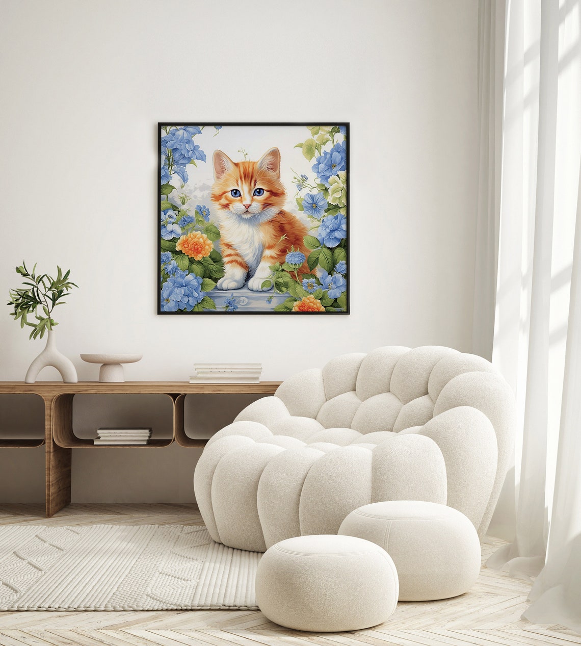 Orange Kitten Blue Flowers Cute Ginger Cat Floral Garden Poster - Image 3