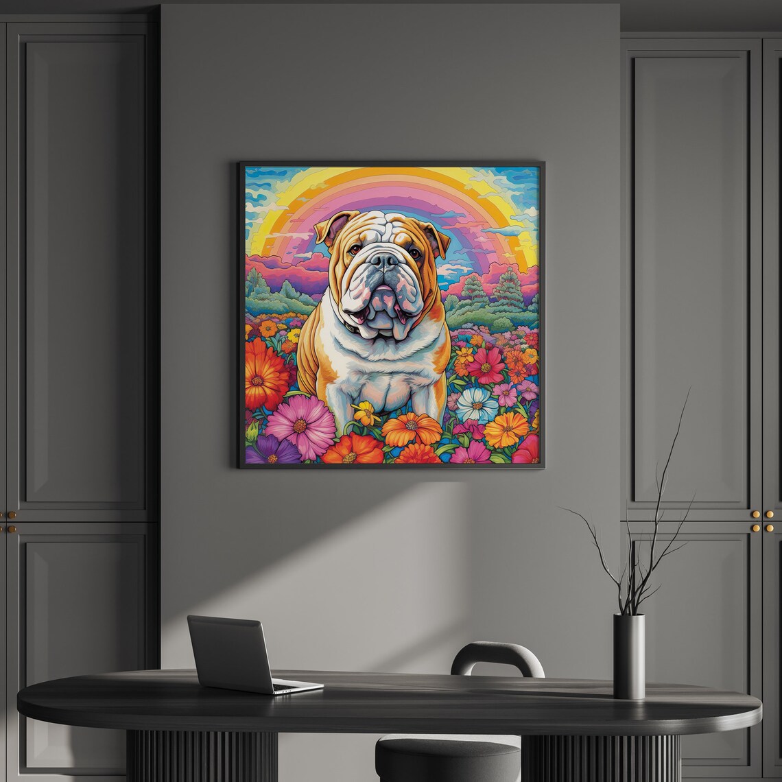 Bulldog Flower Field Rainbow Colorful Puppy Garden Meadow Poster - Image 2