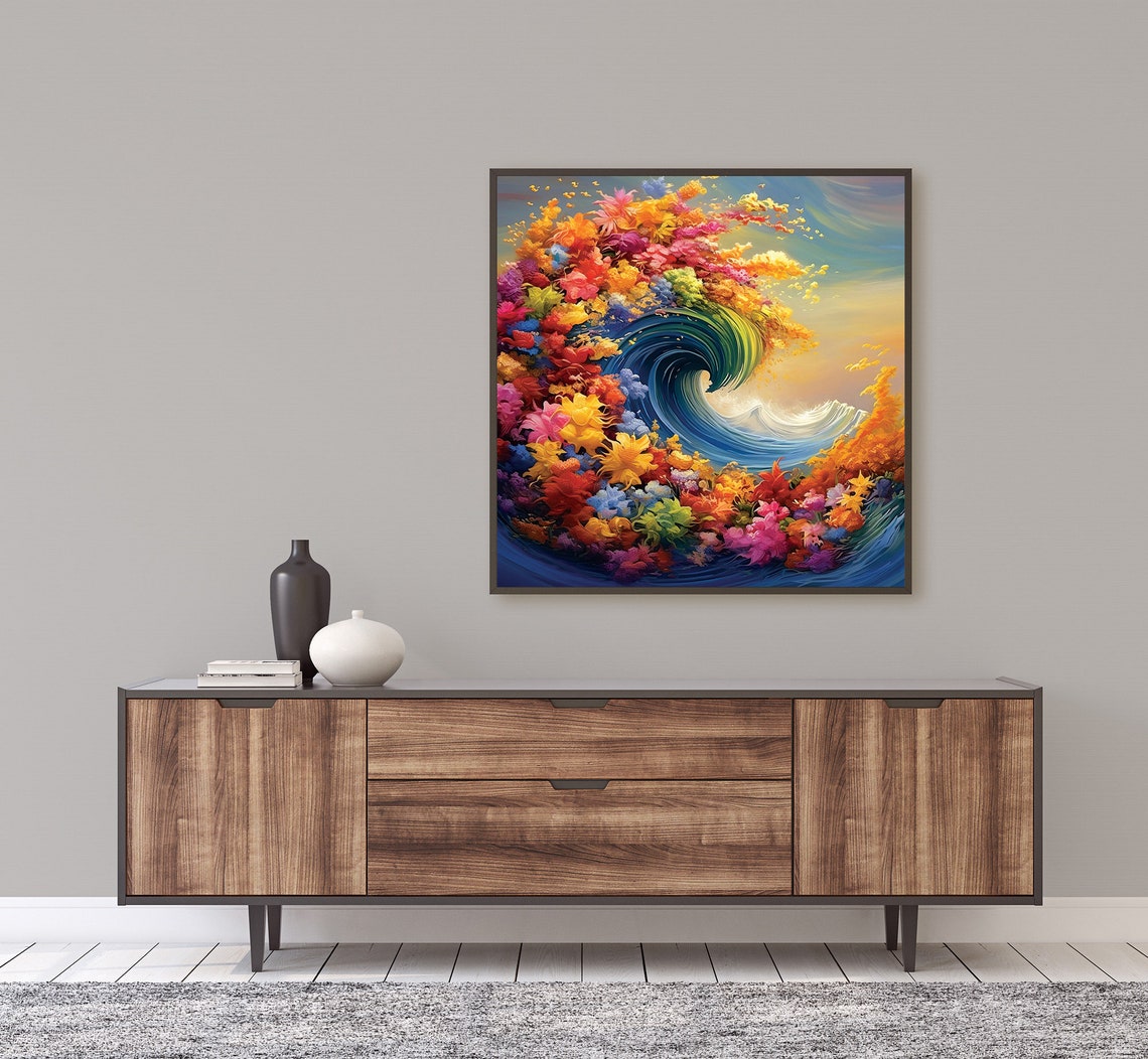 Multicolor Floral Ocean Wave Explosion Vibrant Surf Art Poster - Image 2