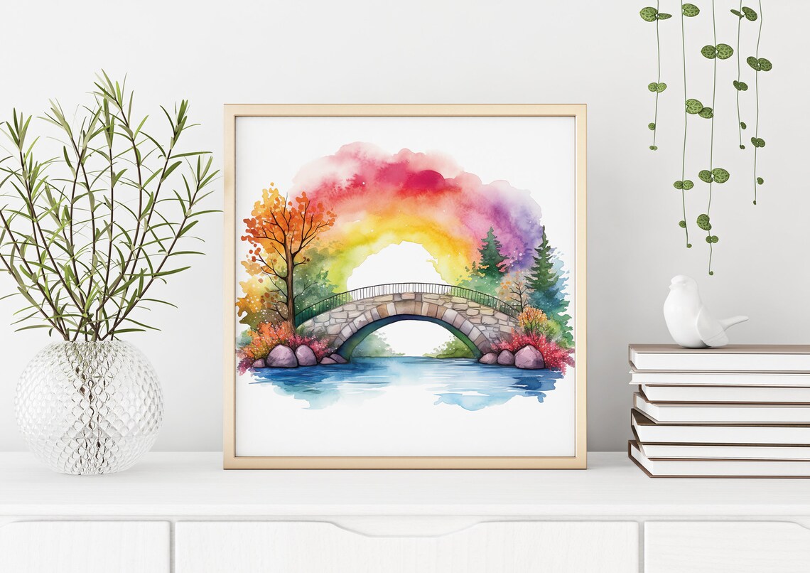Stone Bridge Rainbow Watercolor Autumn River Serene Landscape Poster - Image 3