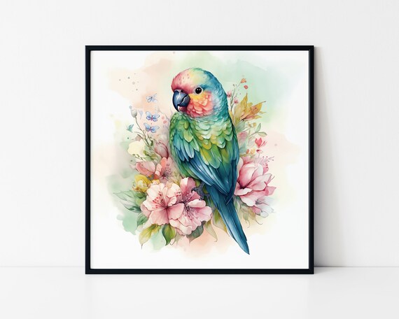 Colourful Parrot Watercolour Framed Poster Colorful Parrot Poster Colorful Bird Watercolor Parrot And Flowers Cute Parrot
