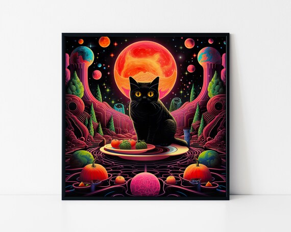 Black Cat Cosmic Planet Psychedelic Trippy Space Fantasy Art Poster