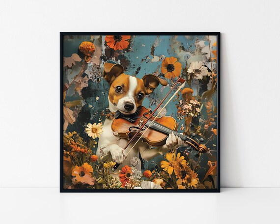 Happy Dog Playing Violin Framed Poster Dog Violin With Flowers Collage Cute Dog With Violin Dogs Lovers Wall Art Dog Wall Art