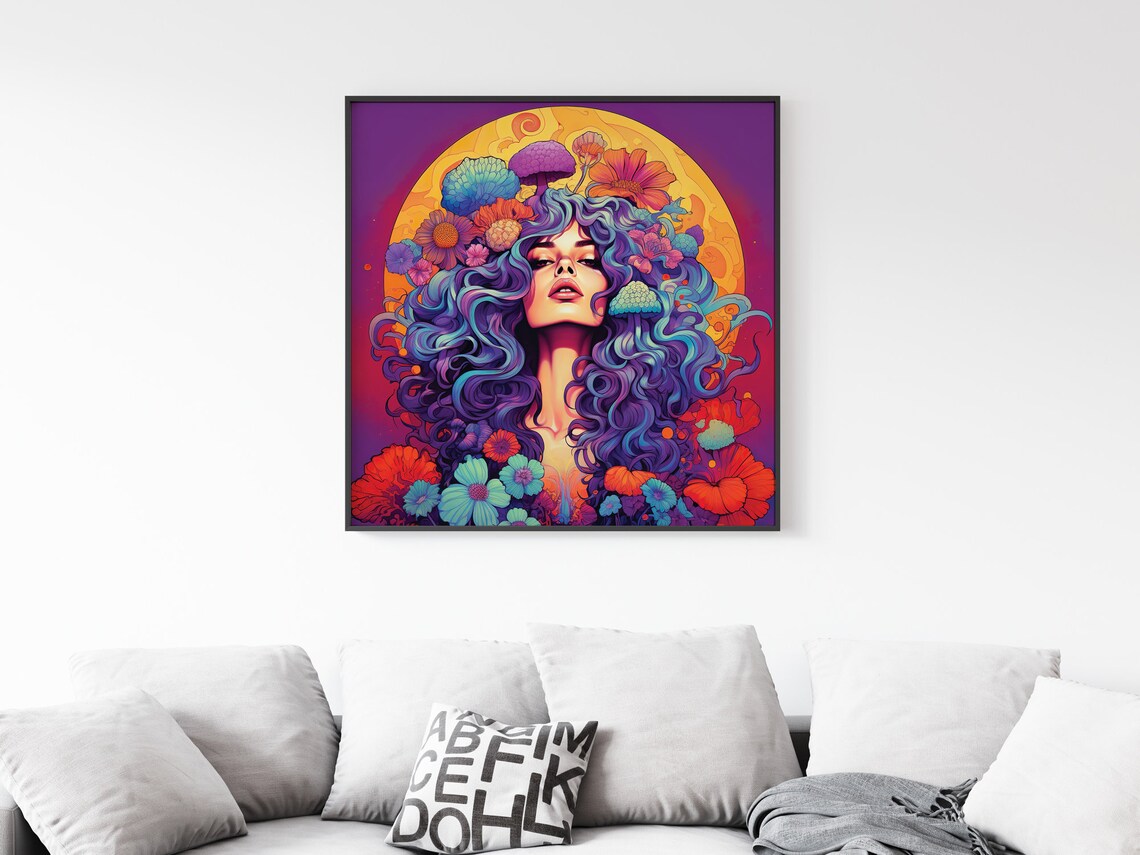 Hippie Moon Goddess Blue Hair Flowers Mushrooms Psychedelic Wall Art - Image 2