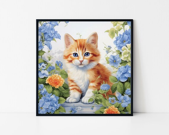 Orange Kitten Blue Flowers Cute Ginger Cat Floral Garden Poster