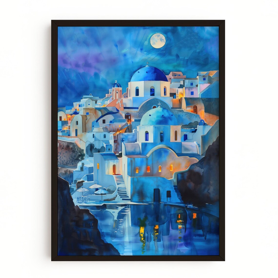 Santorini Blue Dome Village Moonlight Watercolor Travel Poster