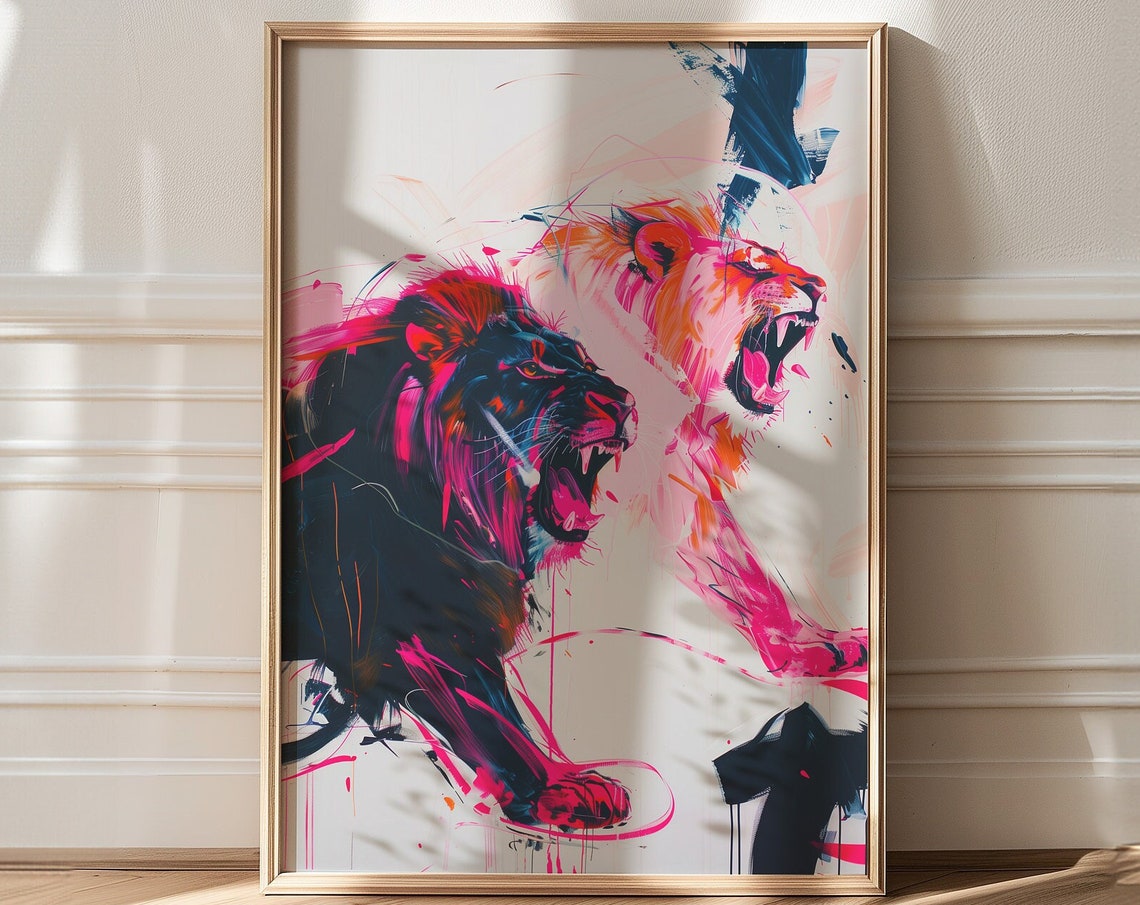 Two Roaring Big Cats Colorful Expressionist Wildlife Art Poster