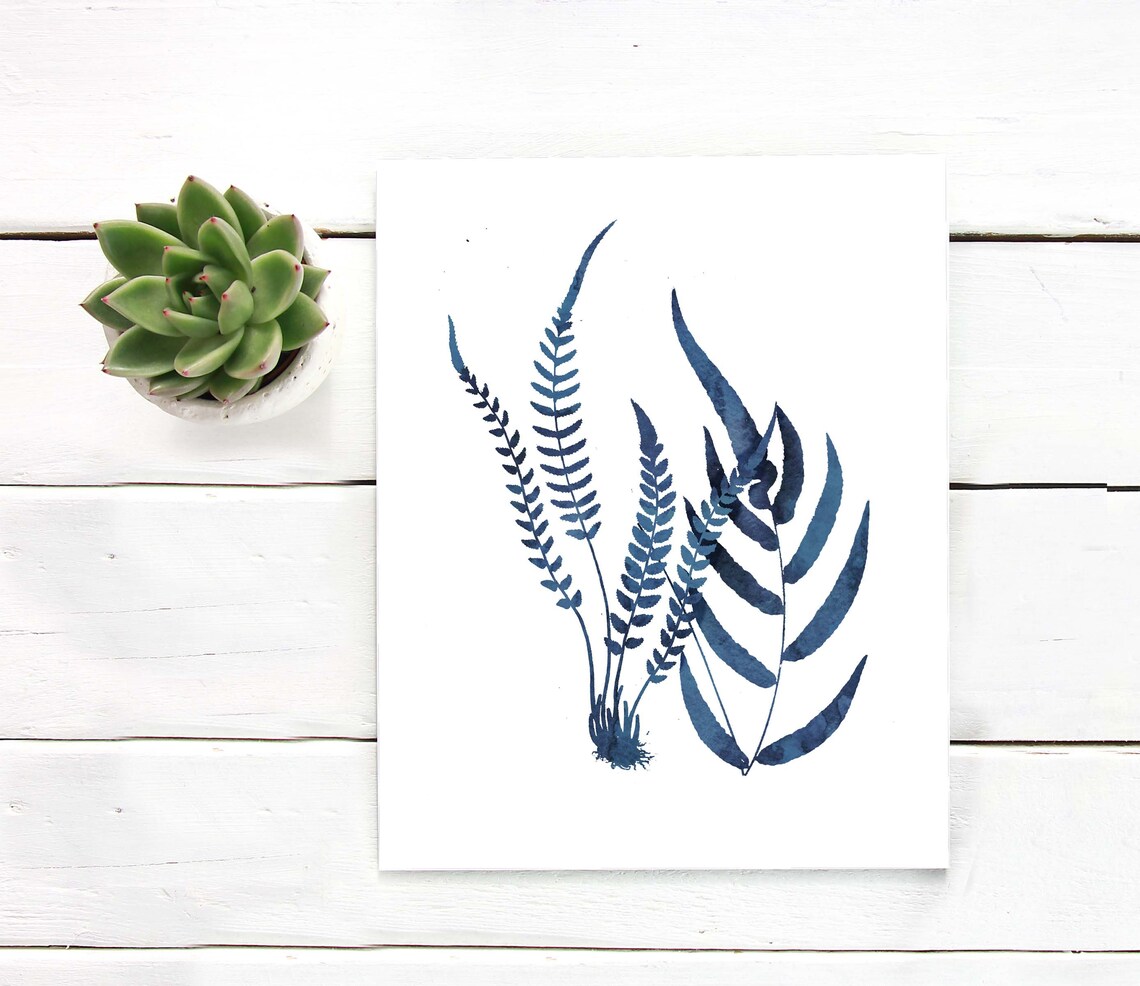 Indigo Blue Grass Fern Watercolor Botanical Nature Silhouette Print - Image 3