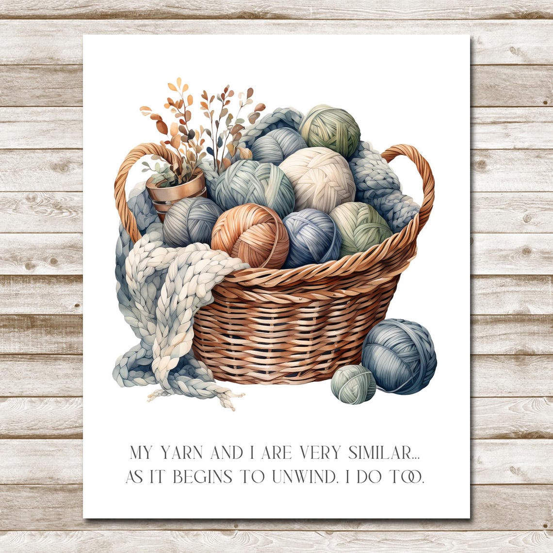 My Yarn and I Funny Knitting Quote Watercolor Yarn Basket Wall Art - Image 4