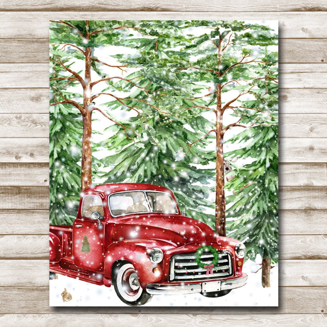 Red Vintage Truck in Snowy Pine Forest Christmas Holiday Wall Art - Image 4