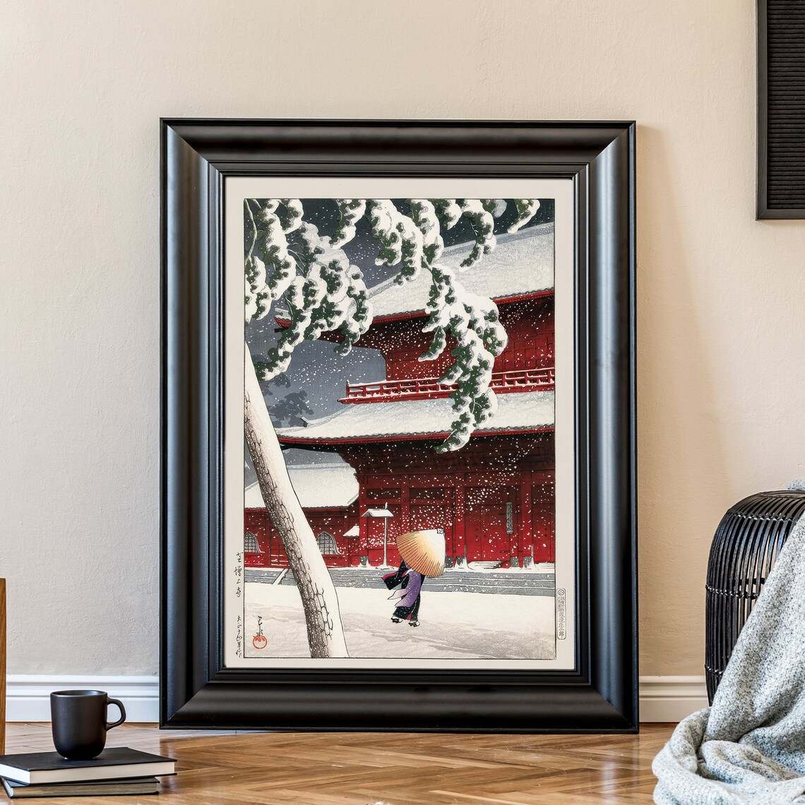 Japanese Red Pagoda Snow Winter Woodblock Style Snowfall Poster - Image 3