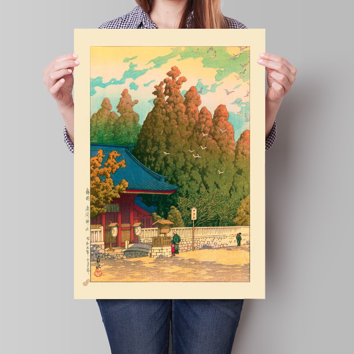 Japanese Red Shrine Autumn Trees Birds Woodblock Style Art Poster - Image 4