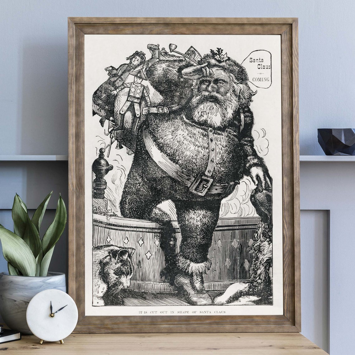 Vintage Santa Claus Is Coming Black White Engraving Holiday Poster - Image 3