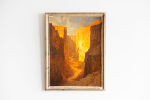 Vintage Sunlit Desert Canyon Landscape Dramatic Southwest Slot Gorge Warm Moody Art Sunset Painting Wall 1038