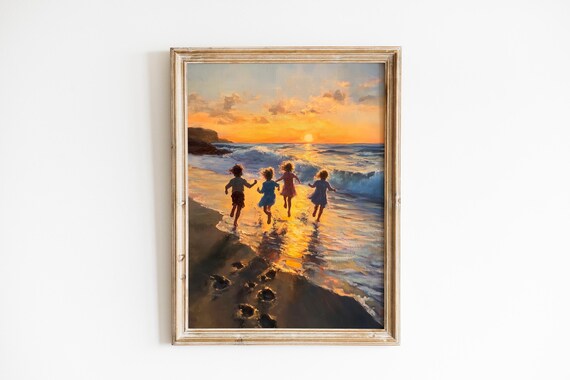 Children Running Into Ocean Waves Sunset Beach Painting Poster