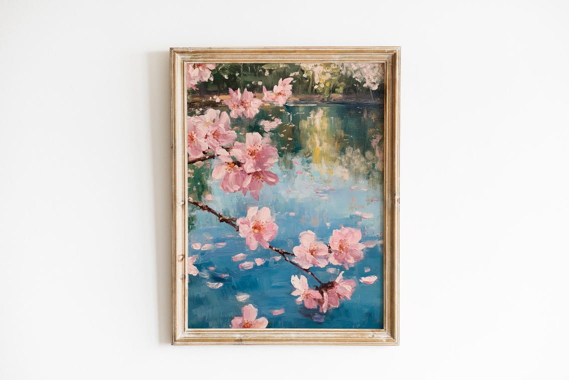 Cherry Blossom Over Water Spring Floral Impressionist Art Poster