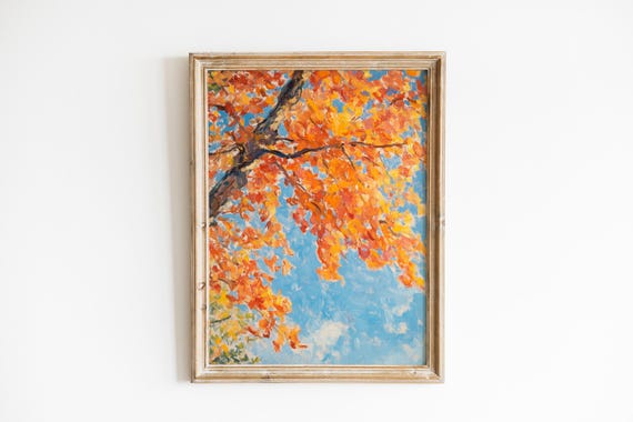 Autumn Leaves Oil Painting Orange Foliage Against Blue Sky Wall Art