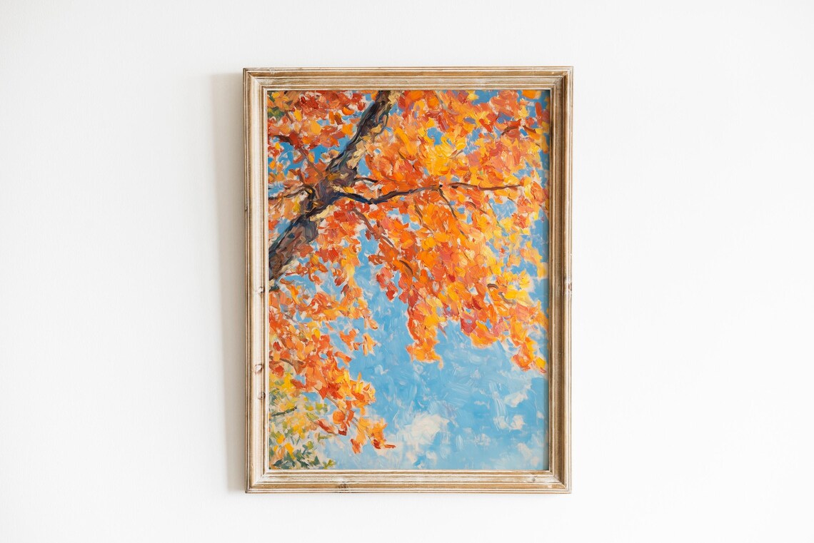 Autumn Leaves Oil Painting Orange Foliage Against Blue Sky Wall Art