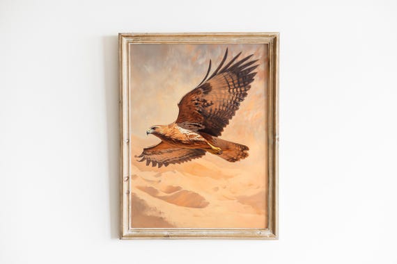 Desert Hawk In Flight Wildlife Wall Art Southwest Rustic Decor Moody Vintage Style Warm Earthy Colors 1136