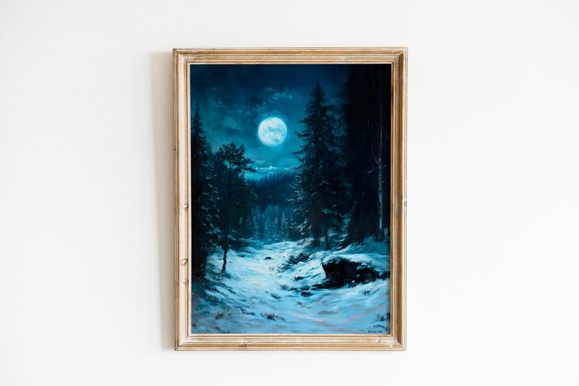 Moonlit Snowy Pine Forest Night Winter Wonderland Oil Painting Poster