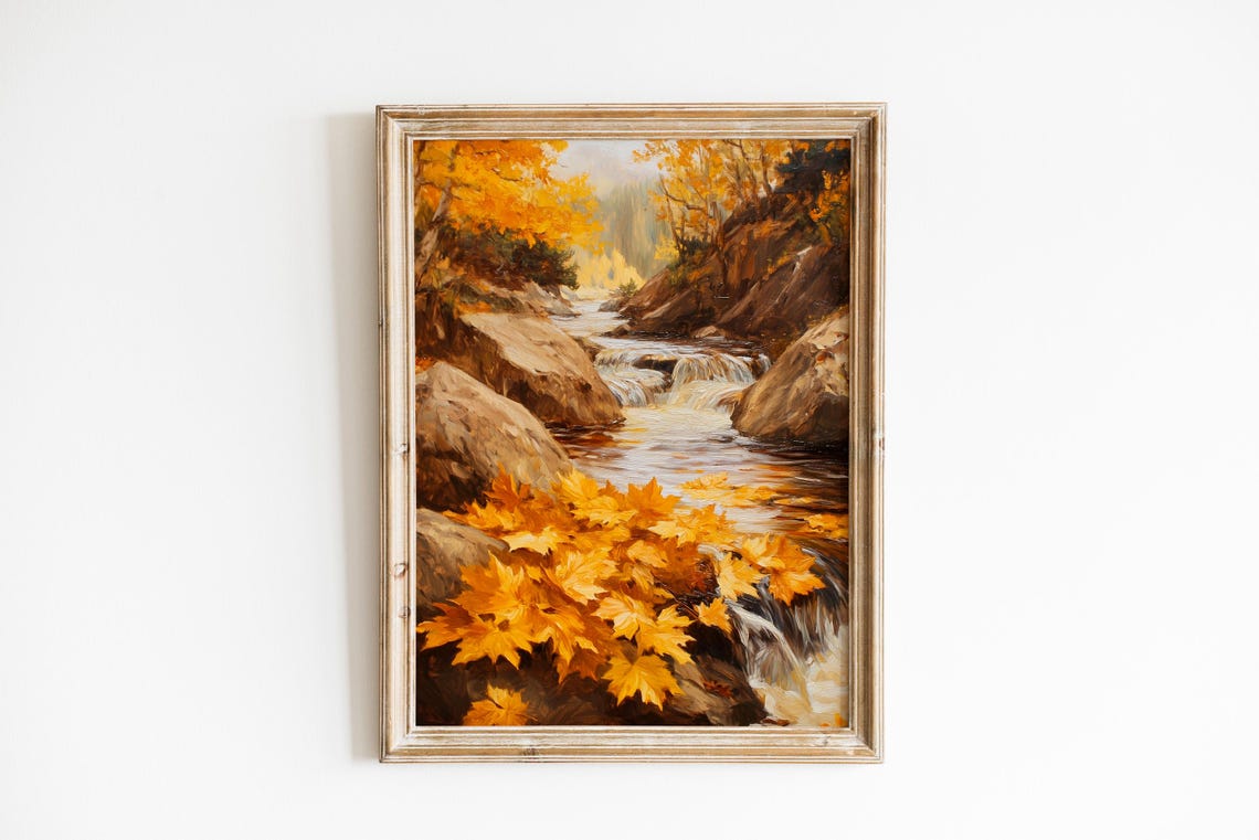 Autumn Maple Leaves Golden Stream Rocky Waterfall Rustic Art Poster