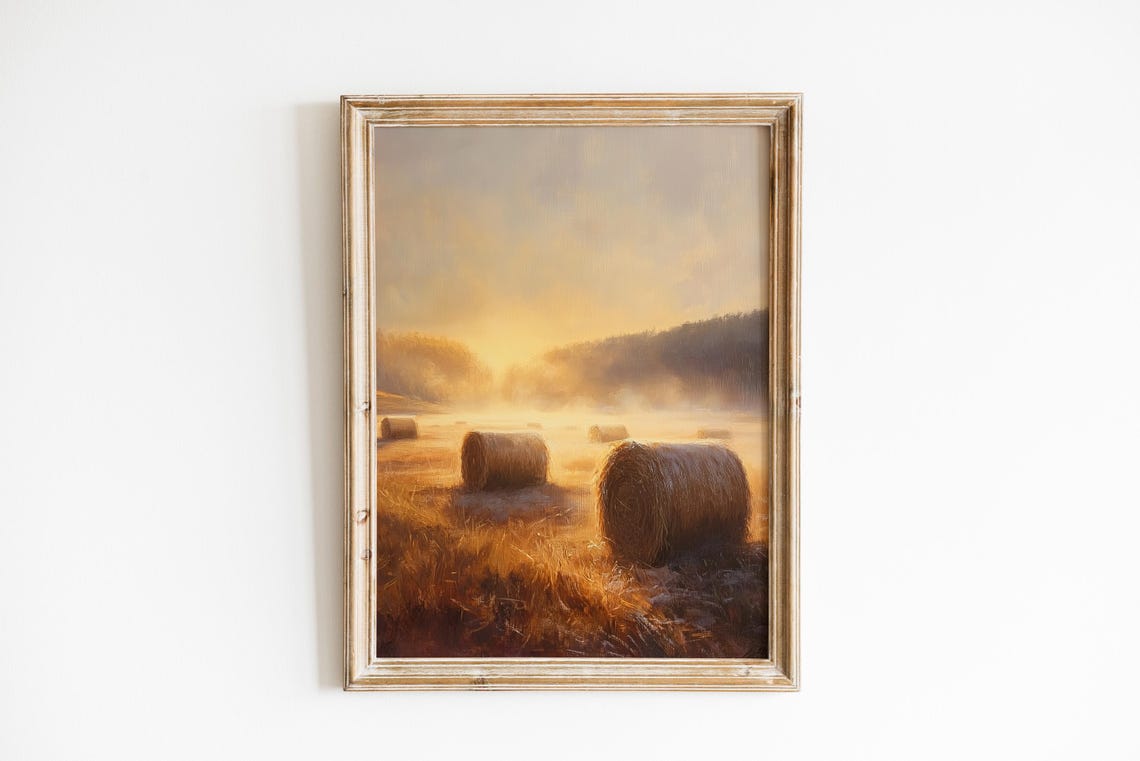 Round Hay Bales in Golden Morning Mist Rustic Farm Painting Poster