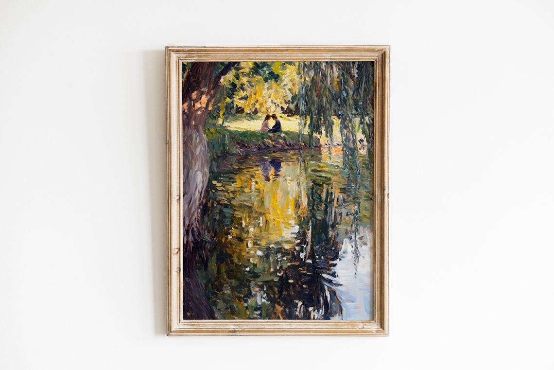 Lovers by Willow River Impressionist Romantic Painting Wall Art