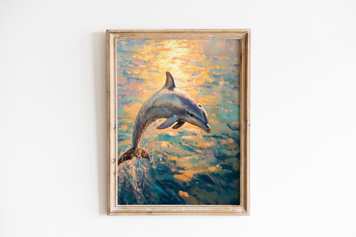 Dolphin Leaping Over Golden Sunset Waves Impressionist Art Poster