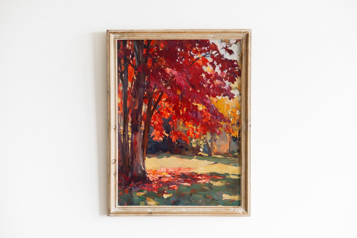 Red Autumn Maple Trees Fall Foliage Impressionist Landscape Poster
