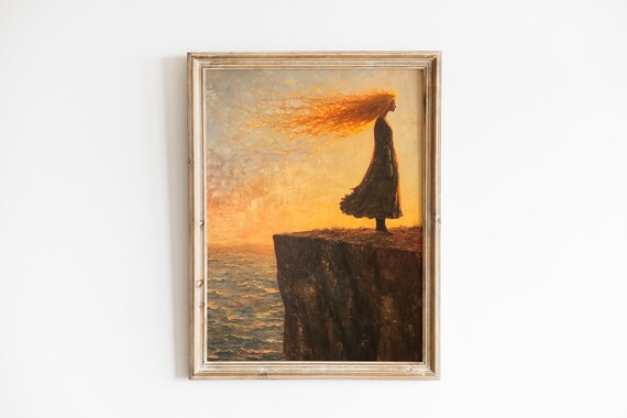 Moody Coastal Sunset Print Vintageinspired Woman At Cliff Edge Dramatic Sea View Contemplative Wall Art 498