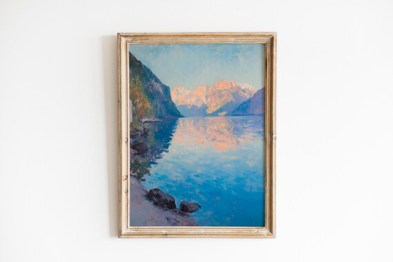 Serene Fjord Landscape Art Moody Scandinavian Water Scene Tranquil Coastal Decor Painterly Print 1069