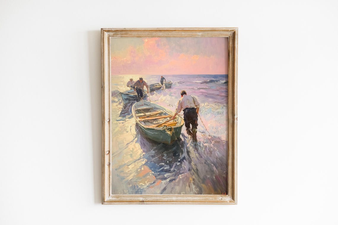 Fishermen Launching Boats at Dawn Pink Sky Vintage Oil Poster
