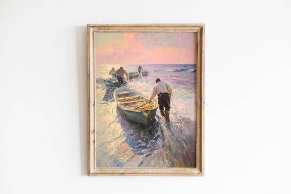 Moody Coastal Fishermen Wall Art Vintage Nautical Scene Dawn Light Serene Shoreline Soft Oil Painting 245