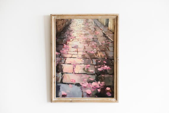 Vintage Spring Cobblestone Path Print Romantic Moody Impressionistic Scene Pink Blossom Petals Cozy Art 780