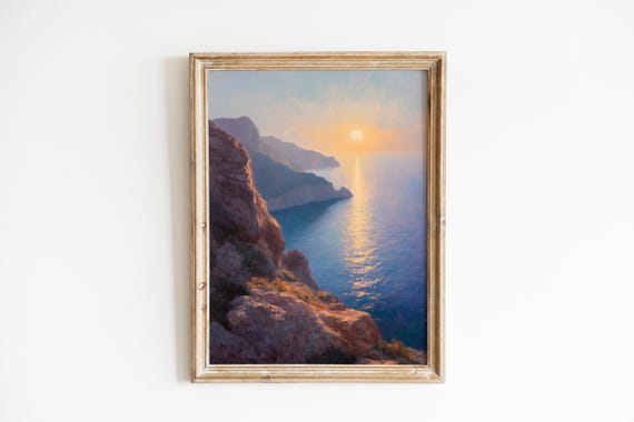 Romantic Coastal Sunset Painting Moody Landscape With Sunlit Cliffs And Misty Valleys Serene Wall Art 836