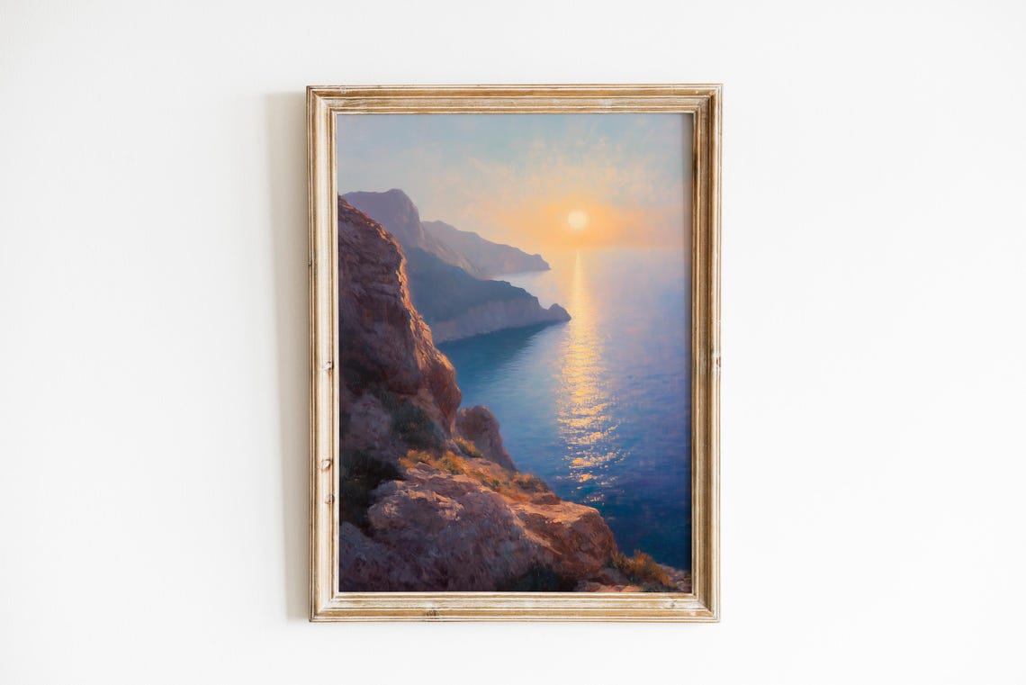 Romantic Coastal Sunset Cliffs Misty Ocean Waves Landscape Poster