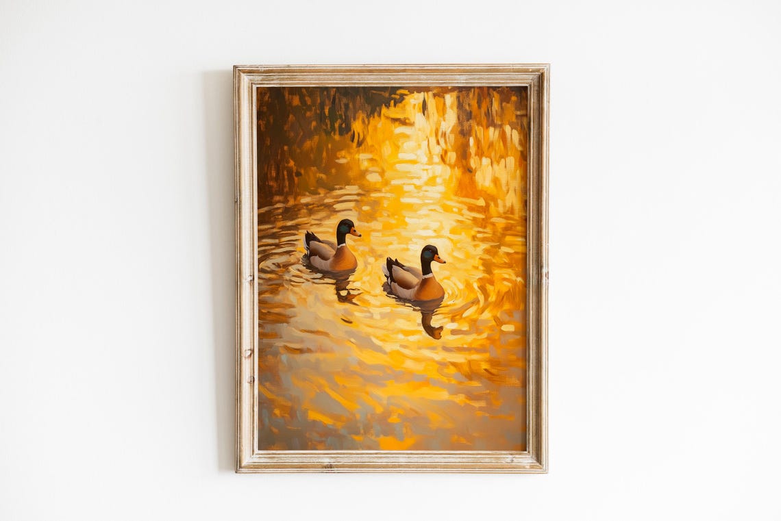 Mallard Ducks on Golden Pond Impressionist Wildlife Painting Poster