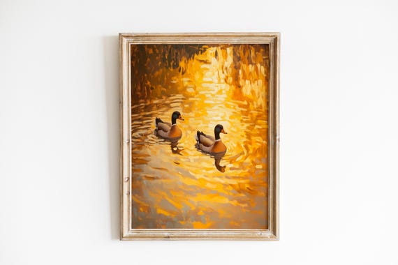 Rustic Ducks On Sunlit Pond Painting Cozy Golden Landscape Art Warm Reflections Textured Tranquil Scene 1220