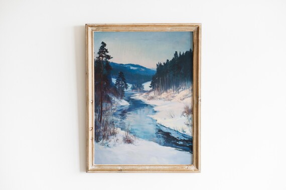 Moody Winter Landscape Art Oil Painting Of A Frozen River Rustic Nature Decor Cozy Pine Forest Scene 1075