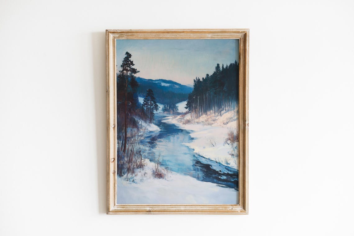 Winter Forest River Snowy Pines Dusk Impressionist Art Poster