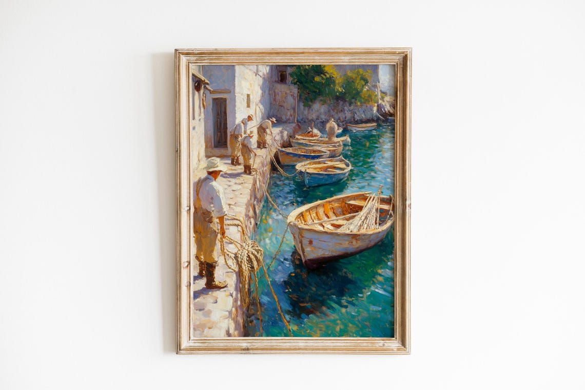 Fishermen With Wooden Boats On Sunny Harbor Quay Mediterranean Poster