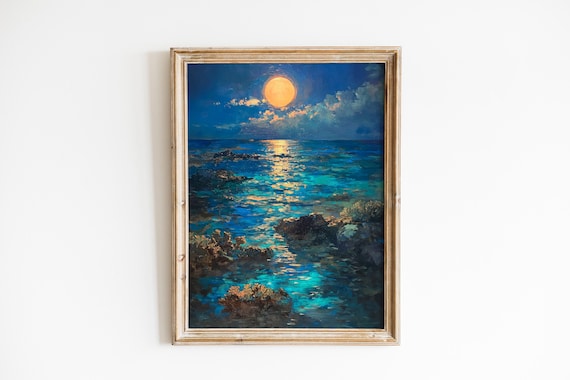 Moonlit Coral Seascape Golden Moon Turquoise Reef Ocean Art Poster