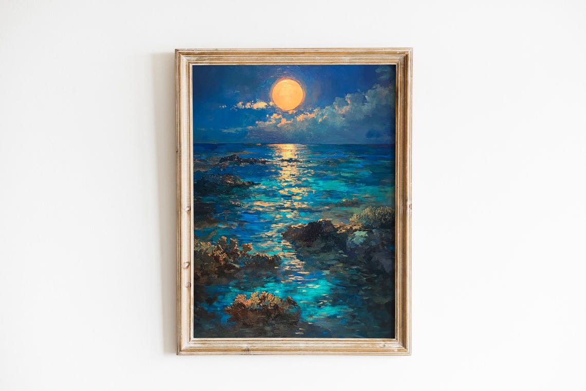 Moonlit Coral Seascape Golden Moon Turquoise Reef Ocean Art Poster