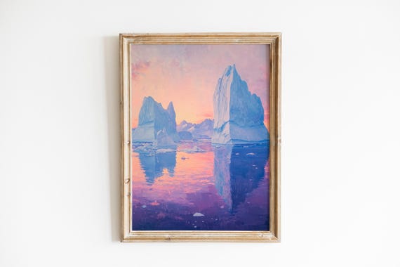 Moody Iceberg Landscape Painting Serene Coastal Scene Dreamy Dawn Reflections Atmospheric Water Art Modern Decor 379