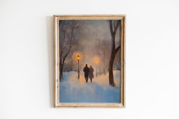 Moody Vintage Winter Scene Wall Art Romantic Couple Walking On Snowy Path Cozy Atmosphere Home Decor 128