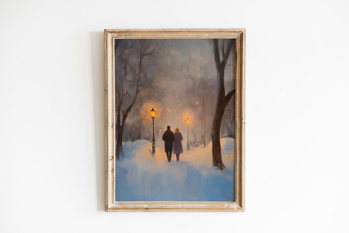 Romantic Couple Walking Snowy Lamplit Park Path Winter Dusk Print