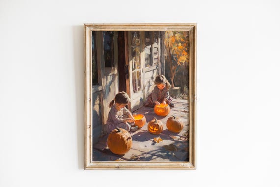 Kids Carving Pumpkins on Farmhouse Porch Autumn Fall Scene Art Poster